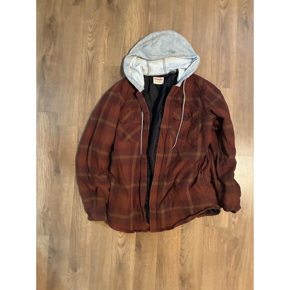 Wrangler Other - Wrangler Authentics Mens Brown Rust Plaid Quilted Lined Hooded Flannel Jacket